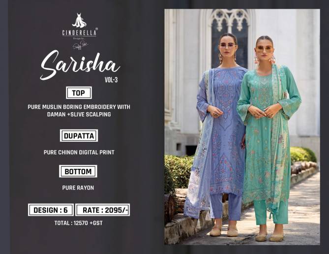 Sarisha Vol 3 Cinderella Muslin Embroidery Designer Salwar Suits Wholesale Price In Surat